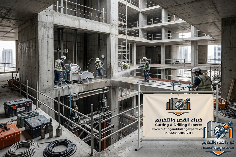 تجهيز فتحات المصاعد في حي الزهراء جدة باستخدام أحدث معدات قص الخرسانة المسلحة وفق المخططات الهندسية مع الحفاظ على سلامة الهيكل الإنشائي